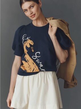 NWT Maeve Navy Blue Puff-Sleeve Swan Pullover size XS